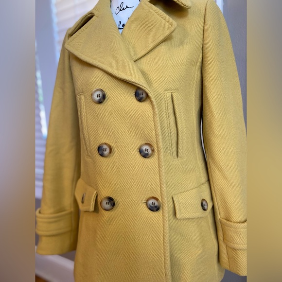 Talbots Yellow Mustard Double Breasted Herringbone Wool Peacoat Size Petite 4P - Picture 2 of 10